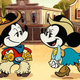 Mickey and Minnie engaging in some old-fashioned flirting.